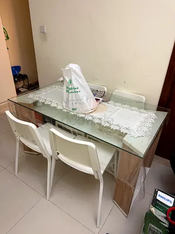 Glass Top Dining Table with 4 White Chairs - Good Condition