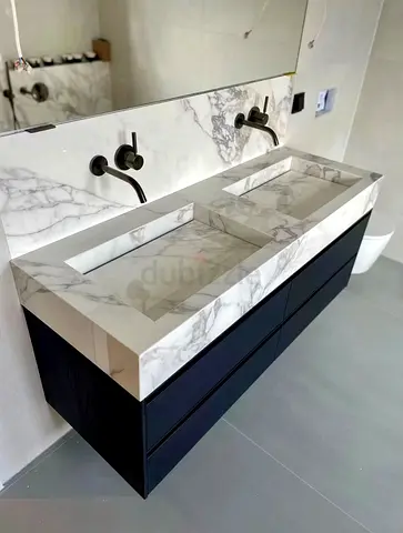 Bathroom Wash Basin Vanity Custom Made Solid Stone Integrated Sink, Warm Natural Wood