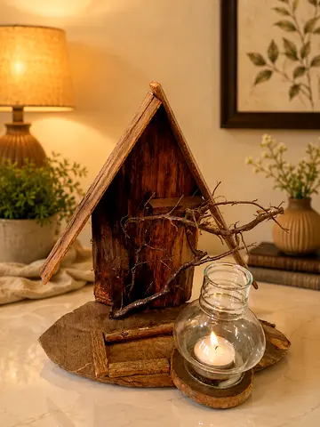 Decorative Rustic Wooden Birdhouse with Glass Candle Holder