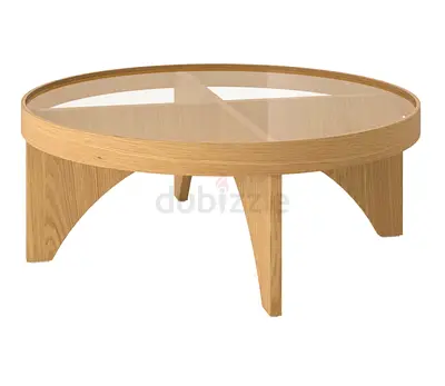 Round Oak Coffee Table with Glass Top - Modern Minimalist