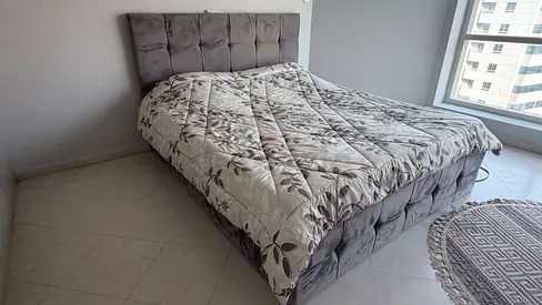 Grey Upholstered Double Bed with Headboard - Good Condition