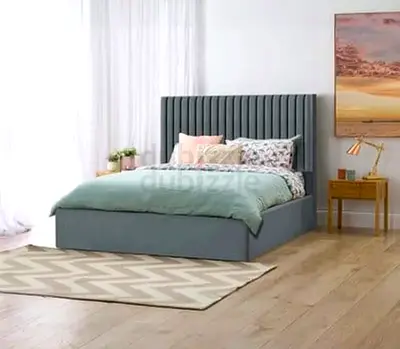 New Grey Upholstered King Size Bed with Padded Headboard and Mattress