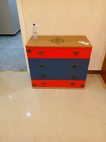 Compact 3-Drawer Wooden Chest in Red & Blue (Good Condition)