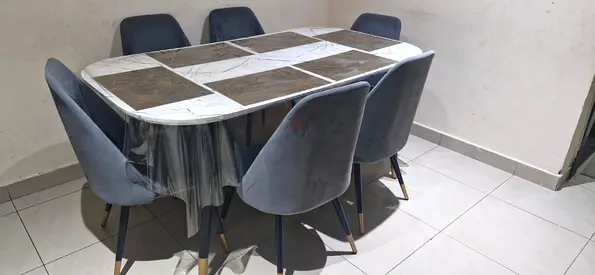 6-Seater Modern Marble-Top Dining Table with Velvet Chairs .