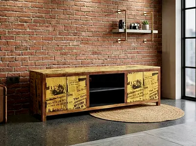 Wooden TV Cabinet / Entertainment Unit with Vintage Newspaper Decal