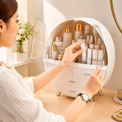 Round Makeup Organizer Cabinet with Drawers — White