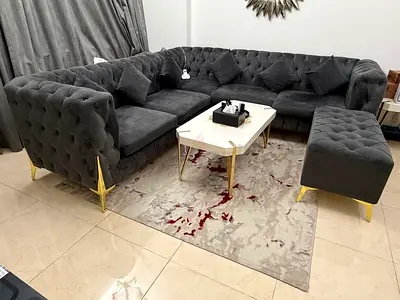 Dark Grey Velvet L-Shaped Chesterfield Sofa Set with Ottoman