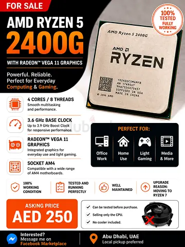 AMD Ryzen 5 2400G CPU - Tested & Working (With Radeon Vega 11) - AED 250