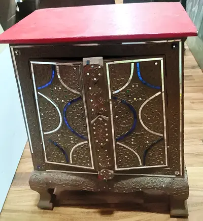 Vintage Wooden Cabinet with Decorated Doors-52cm height,41cm length