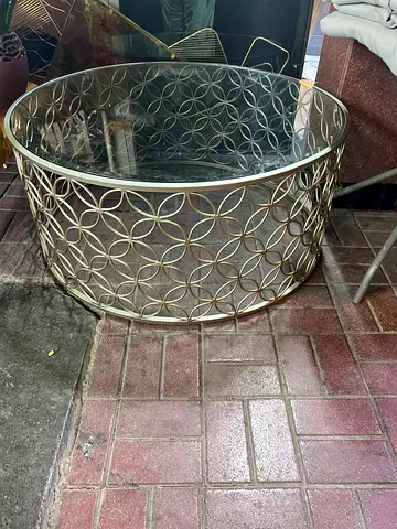 Round Gold Metal Coffee Table with Glass Top