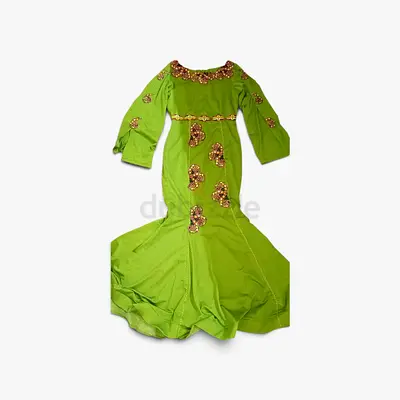 Green embellished long dress with flared hem, size approx medium