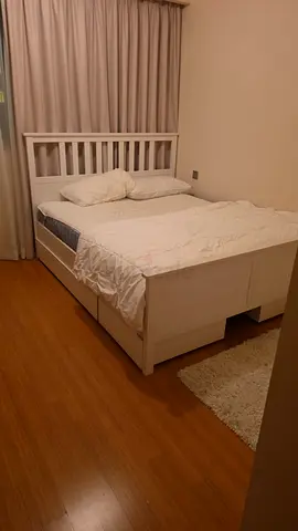 White wooden queen size bed with storage drawers - with mattress good condition