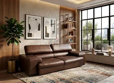 Roche Bobois Modern Brown Leather Sofa Adjustable Back