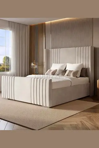 Upholstered King Bed with Padded Headboard and Storage - Light Beige