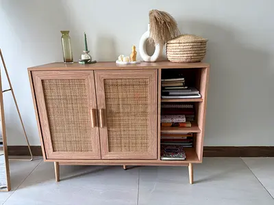 Wooden side cabinet with rattan doors - compact storage unit