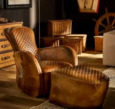 Timothy Oulton Saddle Genuine Leather Chair with Ottoman