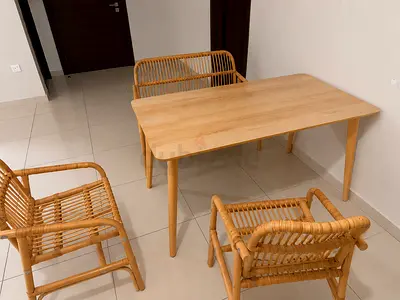 Solid Wood Dining Table with 4 Rattan Chairs - Light Oak Finish