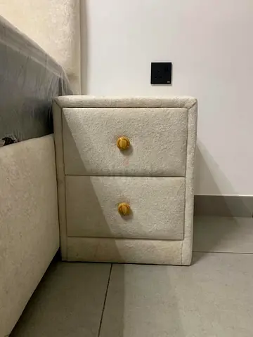 Upholstered 2-Drawer Nightstand / Bedside Table in Cream Fabric