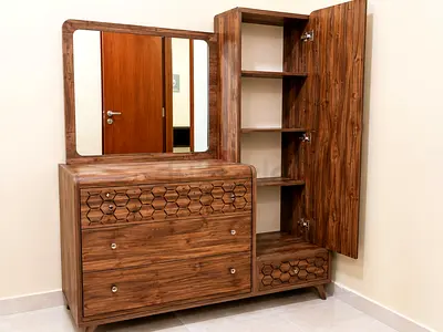 Solid Wood Dresser with Mirror and Side Cabinet - Walnut Finish