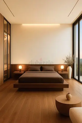 Minimalist wooden platform bed with bedside tables