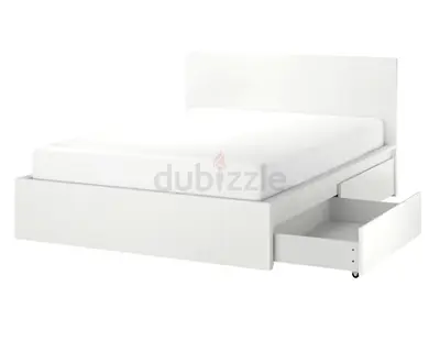 White Storage ikea Malm Bed with Headboard and Under-bed Drawer + mattress and protection cover.