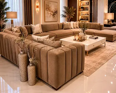 Large L-shaped Velvet Sectional Sofa - Beige, Modern Design