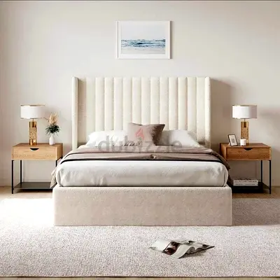 New Modern upholstered king bed with tall channel-tufted headboard - beige