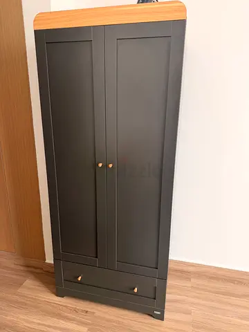 Dark Grey Two-Door Wardrobe with Oak Accents - Good Condition. Dimensions: 75 W x 48 D x 175H cm