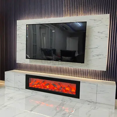 Modern Marble-Effect TV Entertainment Unit with Built-In Electric Fireplace