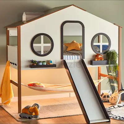 Wooden children's bunk/loft bed with playhouse detail - good condition
