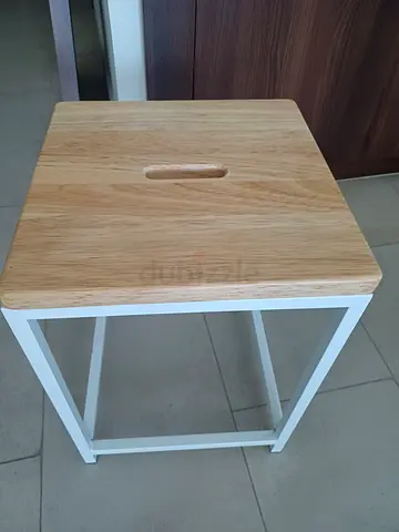 Beautiful Wooden Stool with White Metal Frame — Bathroom Table /Side Seat / Footstool