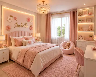 Girls Pink Nursery Bedroom Set — Bed, Shelving & Decor (Collection)