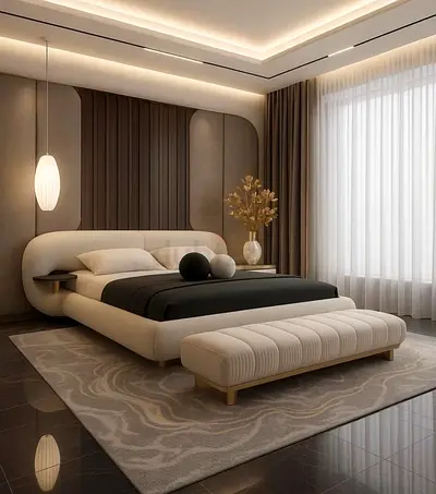 Modern upholstered platform bed with bench and rug