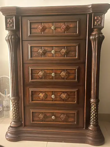 Solid Wood Carved Dresser / Chest of Drawers - Dark Brown