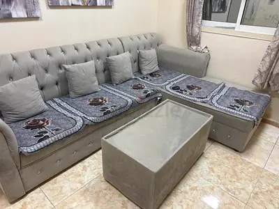 Light Grey L-shaped Velvet Sofa with Storage Ottoman - Good Condition