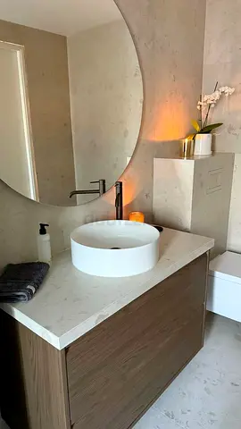 Modern Floating Bathroom Vanity with Integrated Sink and LED Mirror