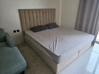 King size upholstered bed with headboard – neutral beige, good condition