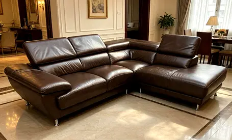 Genuine Brown Leather L-Shaped Corner Sofa with Chaise — Good Condition