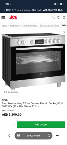 Beko Freestanding 5 Zone Ceramic Electric Cooker for sale