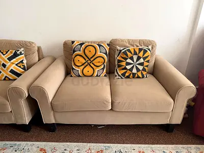 Beige 2-Seater Sofa 2 Sets with Patterned Cushions - Good Condition