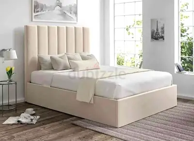 New Beige Upholstered Double Bed with Tall Padded Headboard and Storage Base