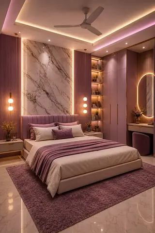 Modern Queen Bed with Matching Wardrobe and Accent Lighting (Bedroom Set)