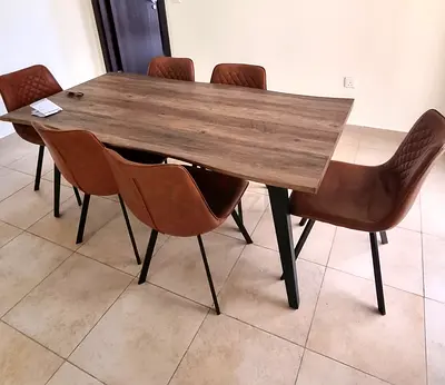 6-Seater Dining Table & 6 Brown Quilted Chairs: Full Set