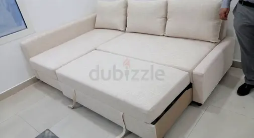 Comfortable L-Shape Sofa Bed in Cream Fabric