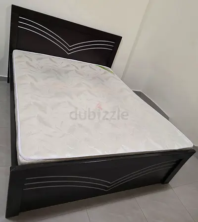 Queen Bed Frame with Mattress - Dark Wood, Good Condition