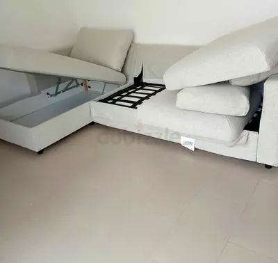 Light beige L-shaped storage sofa bed - convertible corner sofa