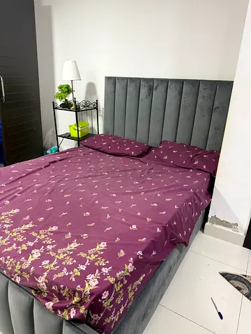 Queen size upholstered bed frame with headboard (grey velvet) & mattress