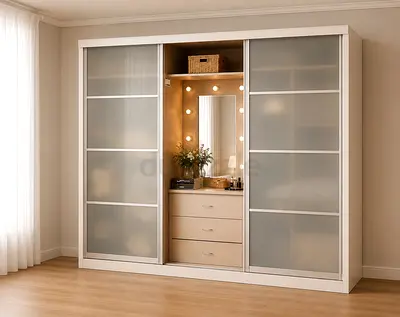 Modern Wardrobe with Integrated Vanity and Sliding Glass Doors