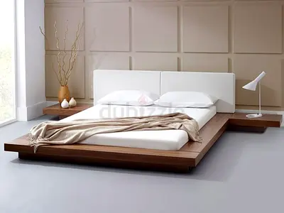 Low platform king bed with integrated side tables - modern wooden frame