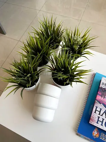Set of 5 Small Artificial Potted Plants — White Pots